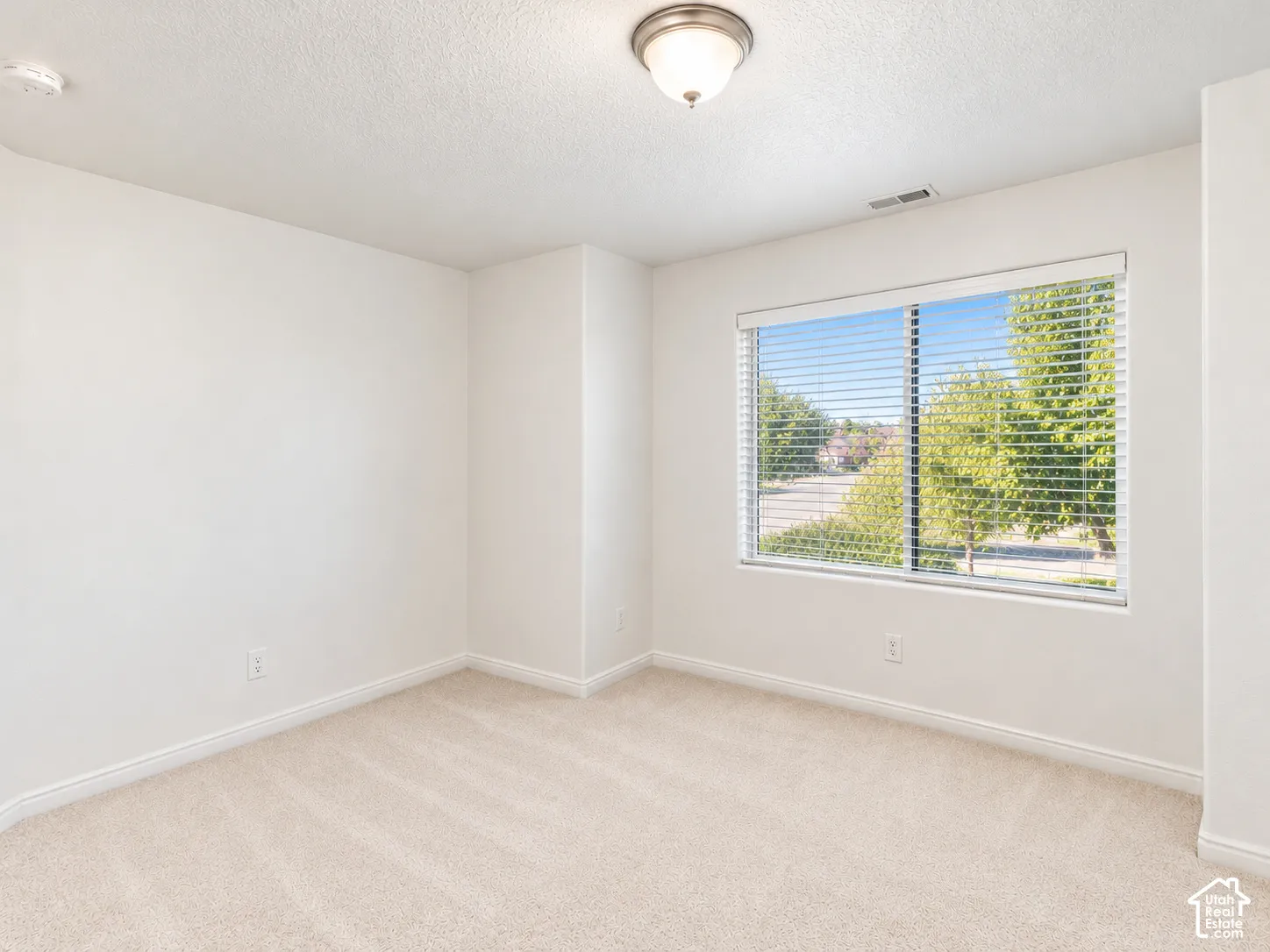Neutral-toned interior featuring wall-to-wall carpeting, a large window with horizontal blinds, and a circular flush-mount ceiling light fixture