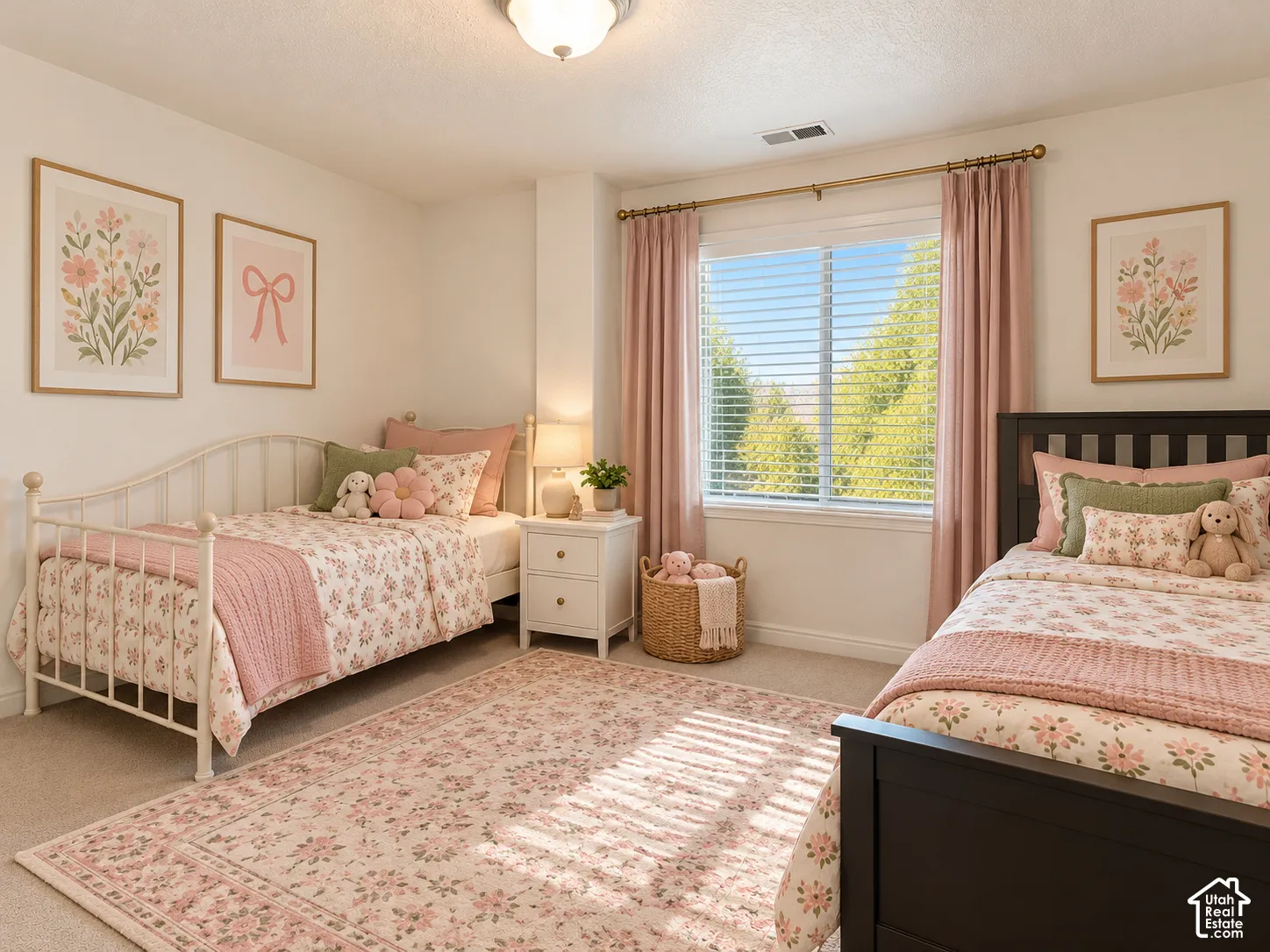 Bedroom featuring neutral wall-to-wall carpeting and a large window with horizontal blinds and a decorative curtain rod