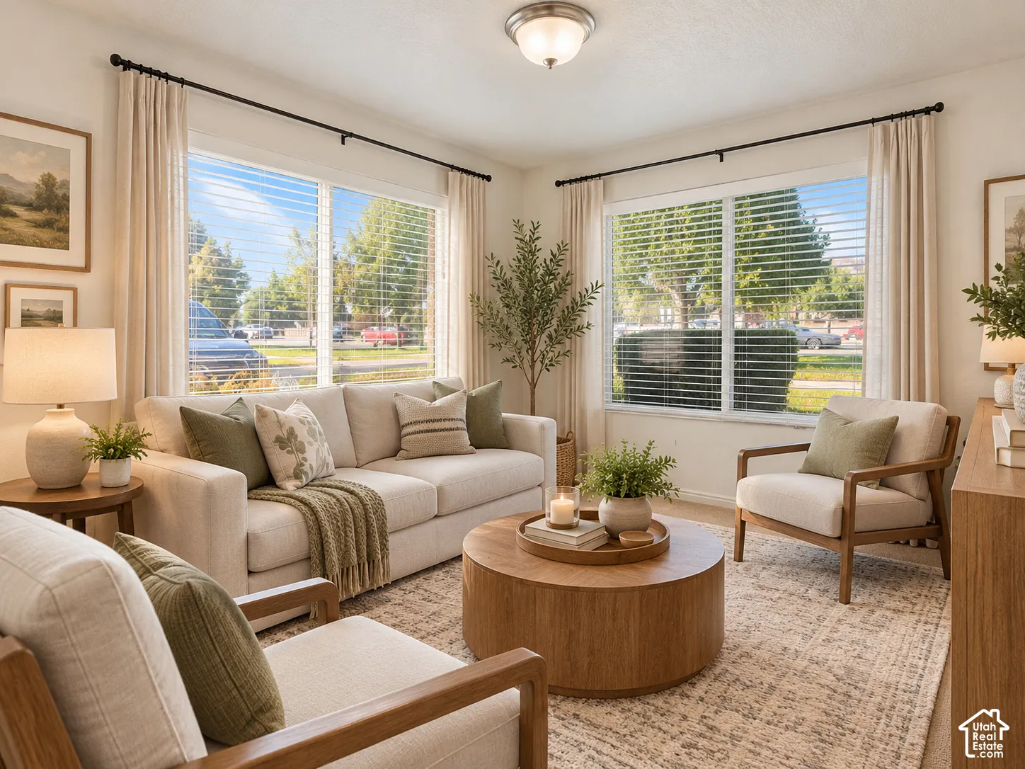 Living area featuring dual-aspect windows, white walls, and a center-mounted dome light fixture