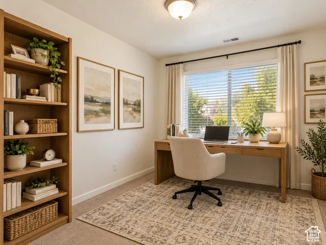 Built-in full-height wood shelving, neutral wall-to-wall carpeting, and large horizontal-pane window with custom drapery hardware