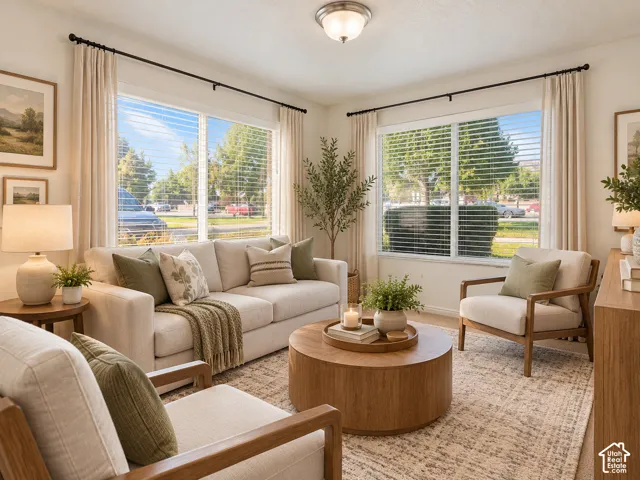 Living area featuring dual-aspect windows, white walls, and a center-mounted dome light fixture