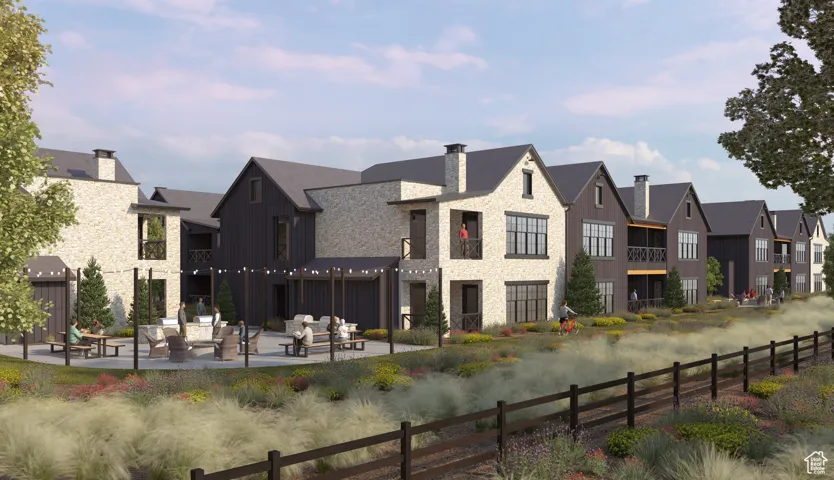 Back of property with stone siding, a residential view, a patio, and an outdoor living space
