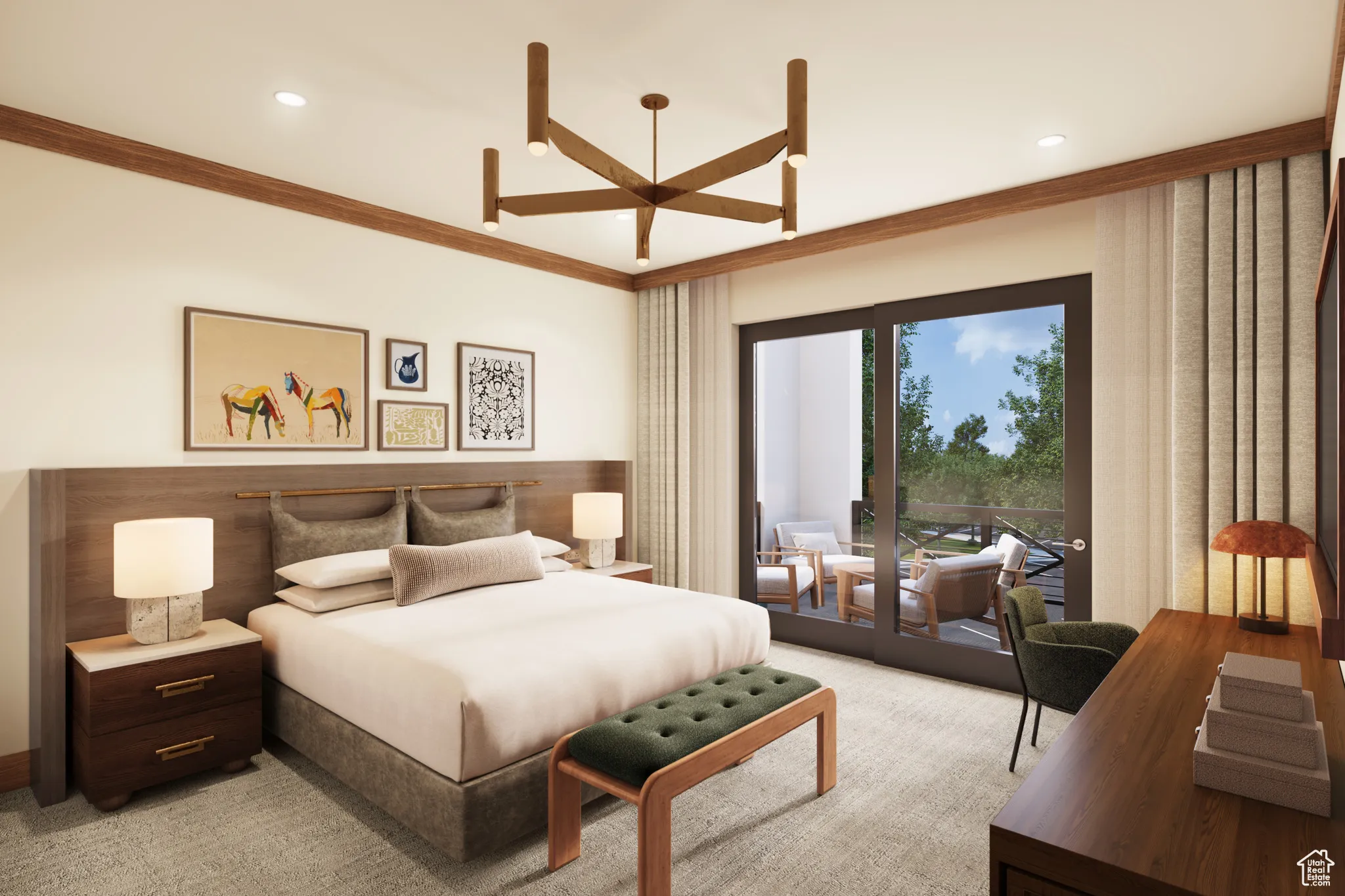 Bedroom with ornamental molding, access to exterior, and recessed lighting