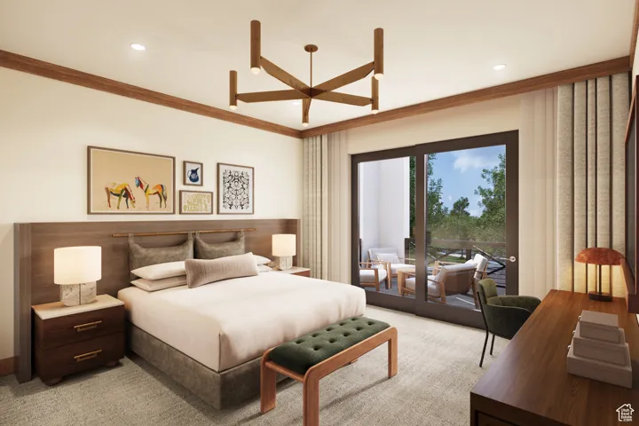 Bedroom with ornamental molding, access to exterior, and recessed lighting