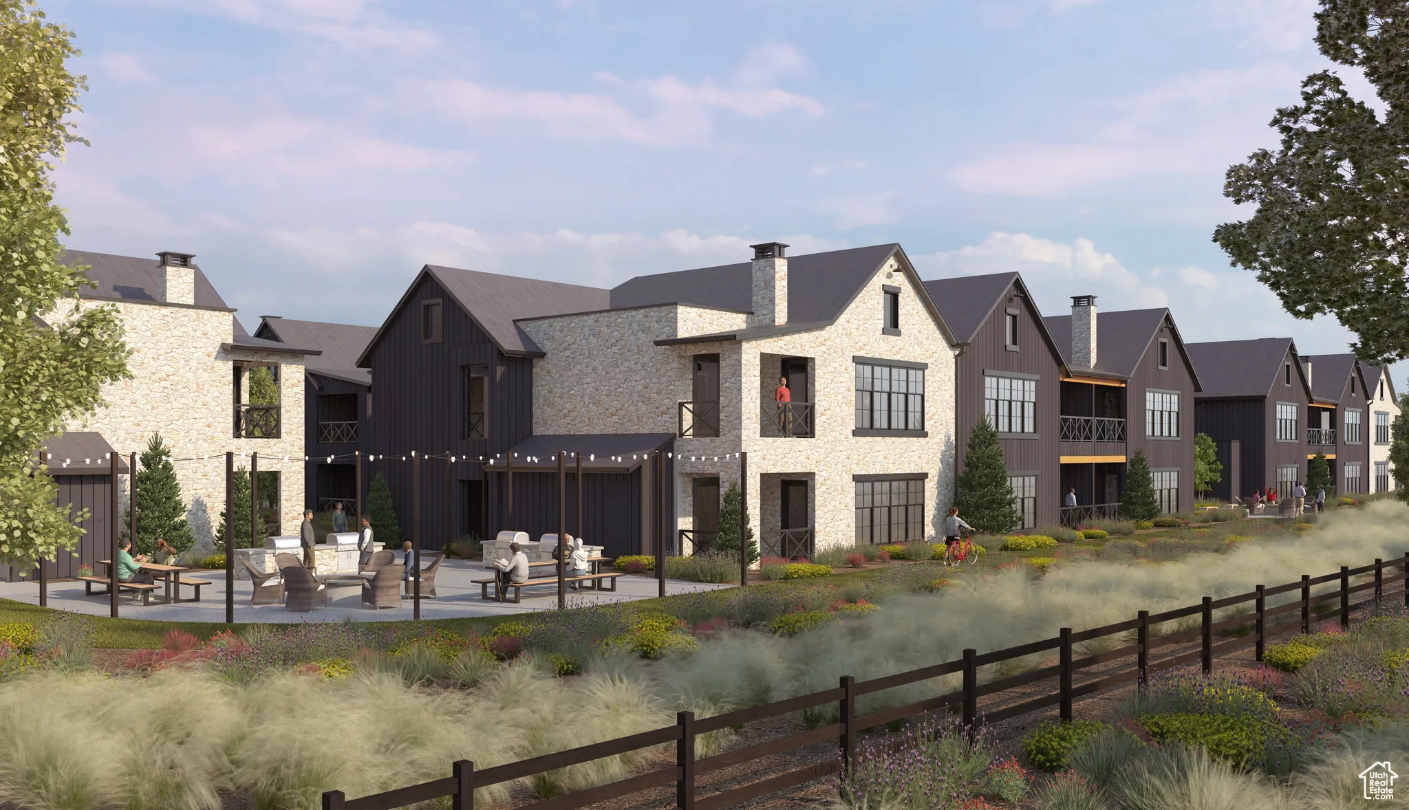 Back of property with stone siding, a residential view, a patio, and an outdoor living space