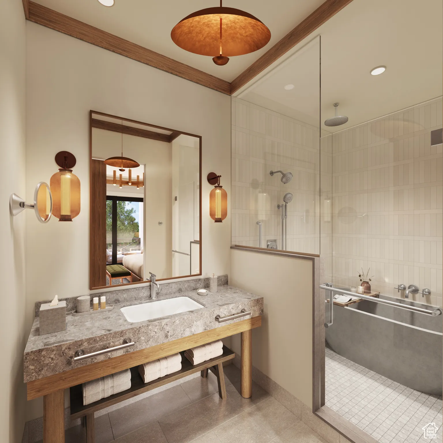 Ensuite bathroom featuring a walk in shower, tile patterned flooring, ornamental molding, recessed lighting, and vanity