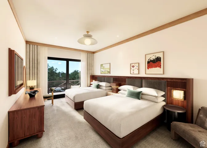 Carpeted bedroom with access to outside and crown molding
