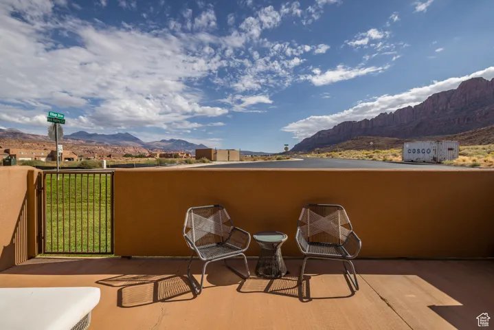 Patio / terrace with a mountain view