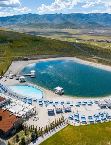 Aerial view of mountains and a pool