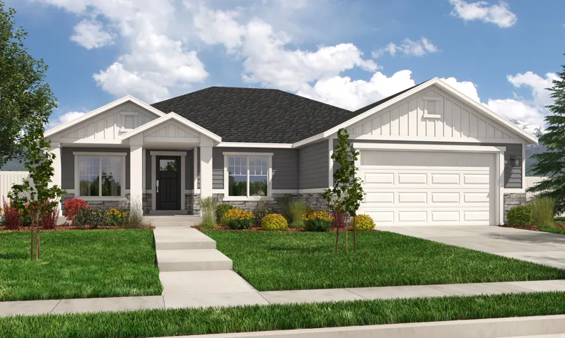 Craftsman inspired home featuring stone siding, a front lawn, and board and batten siding