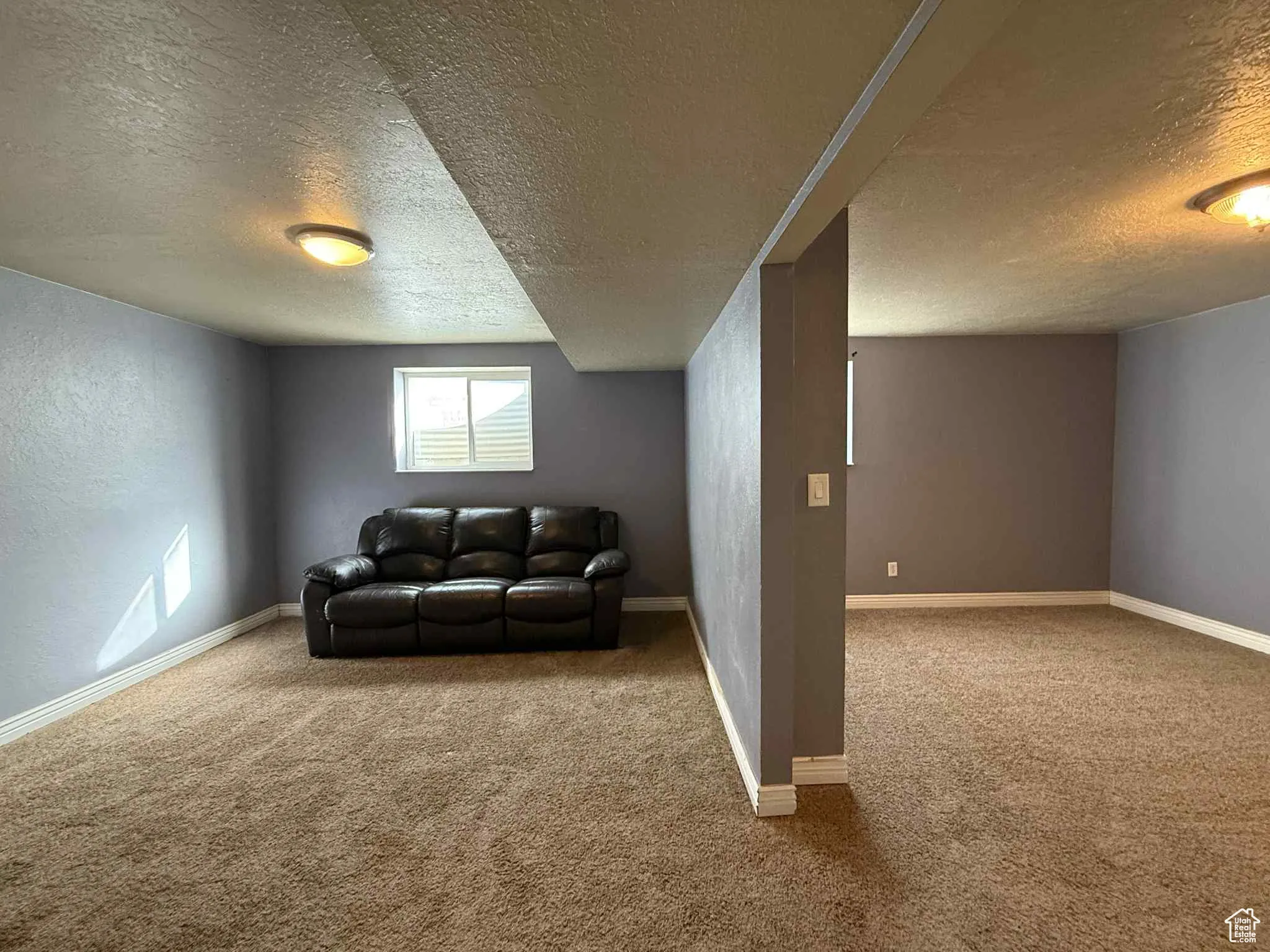 Basement family room with view into an optional 4th bedroom