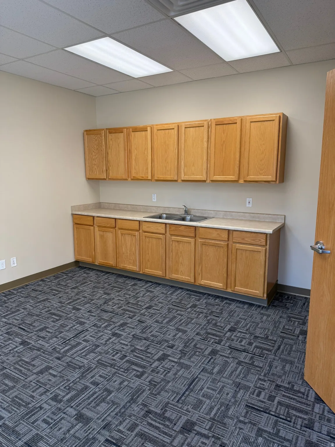 Kitchen featuring light countertops, dark carpet, and a drop ceiling