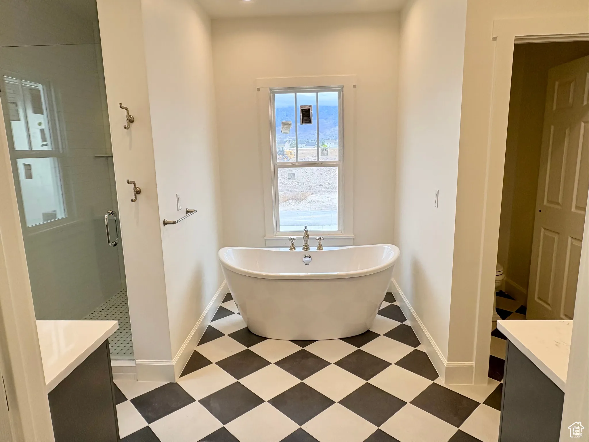 Full bathroom featuring vanity, a shower stall, and a freestanding bath
