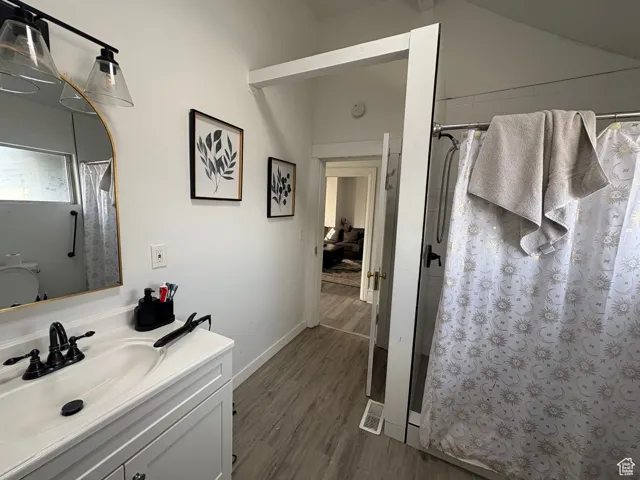 Bathroom with dark wood-type flooring, vanity, and a shower with curtain
