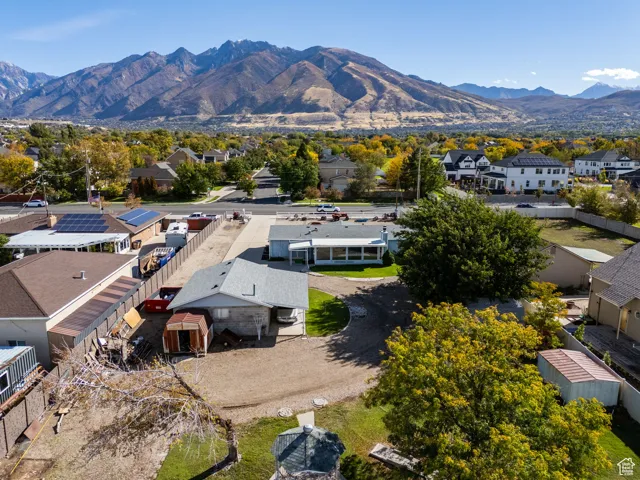 Aerial view of residential area with mountains
