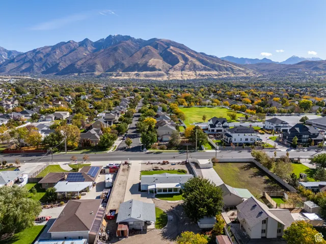 Aerial perspective of suburban area with mountains