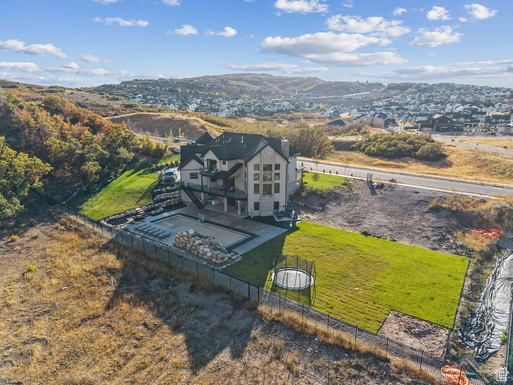 Drone / aerial view of a mountainous background
