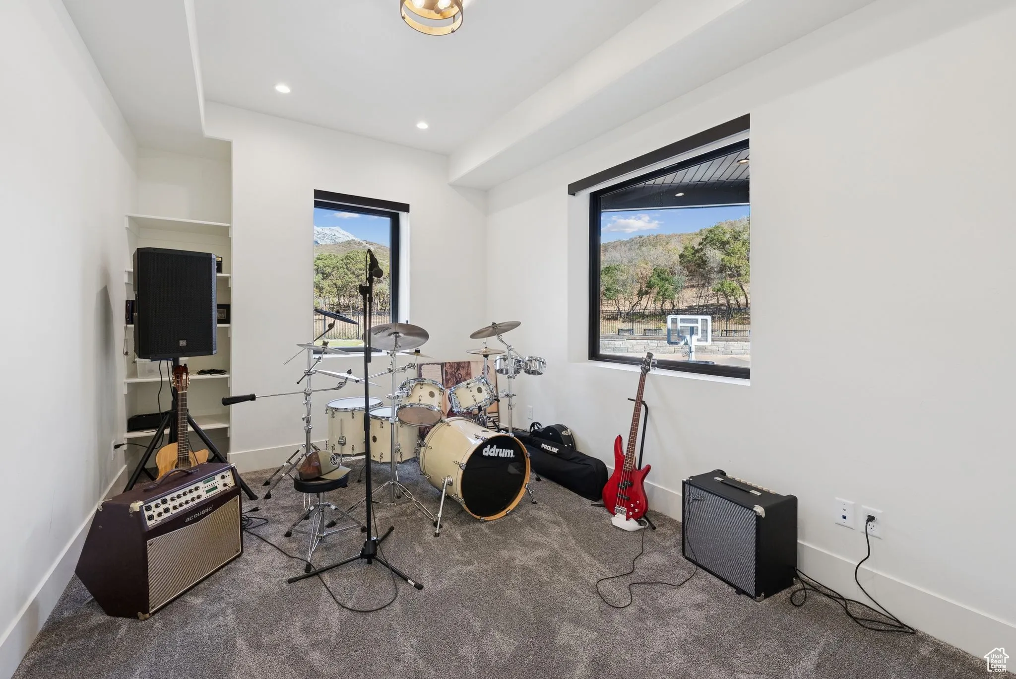 Game room featuring dark carpet and recessed lighting