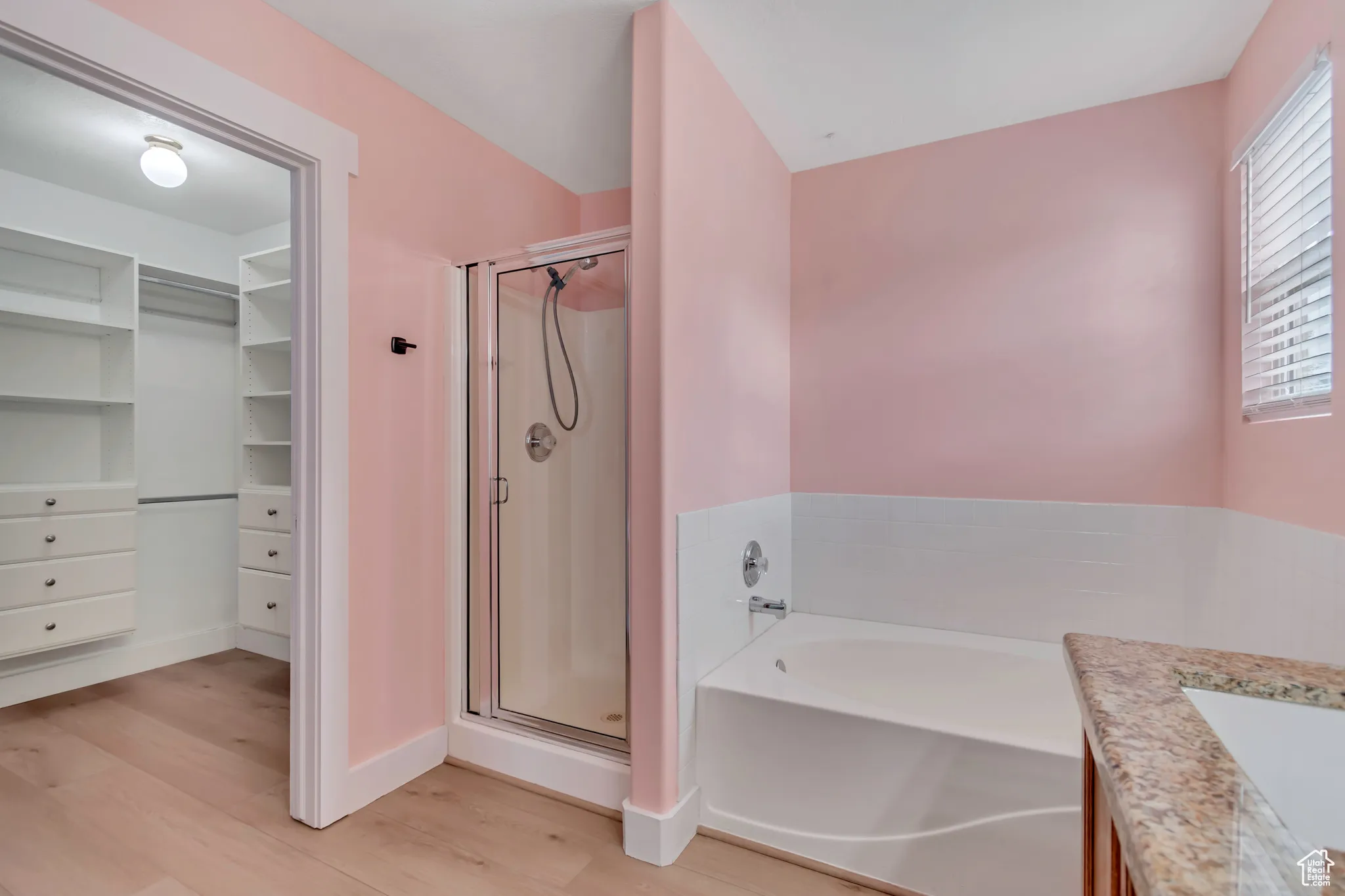 Primary full bath with a shower stall, double vanity, a bath, light wood-style flooring, and a spacious closet