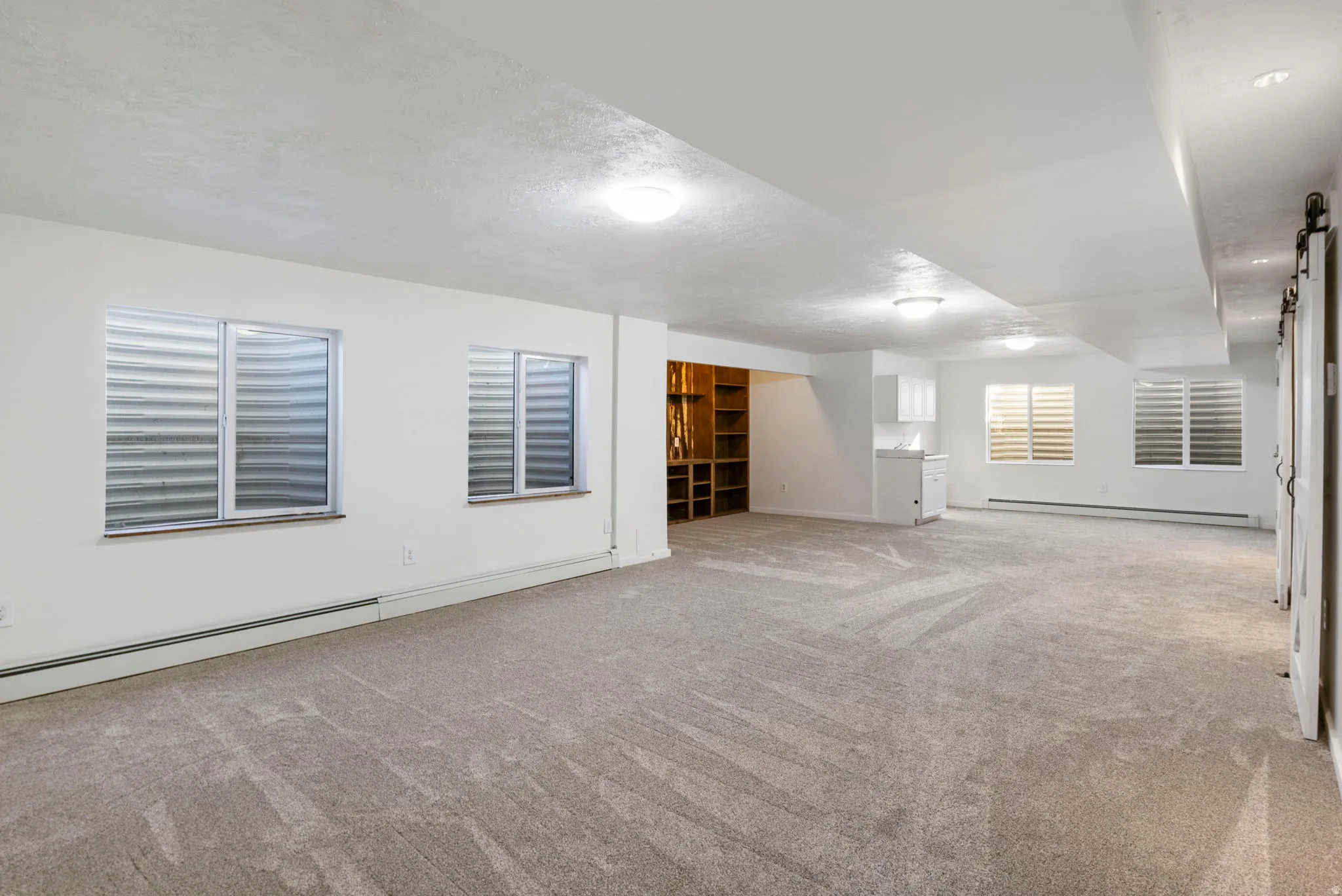 Basement with light colored carpet and a baseboard heating unit