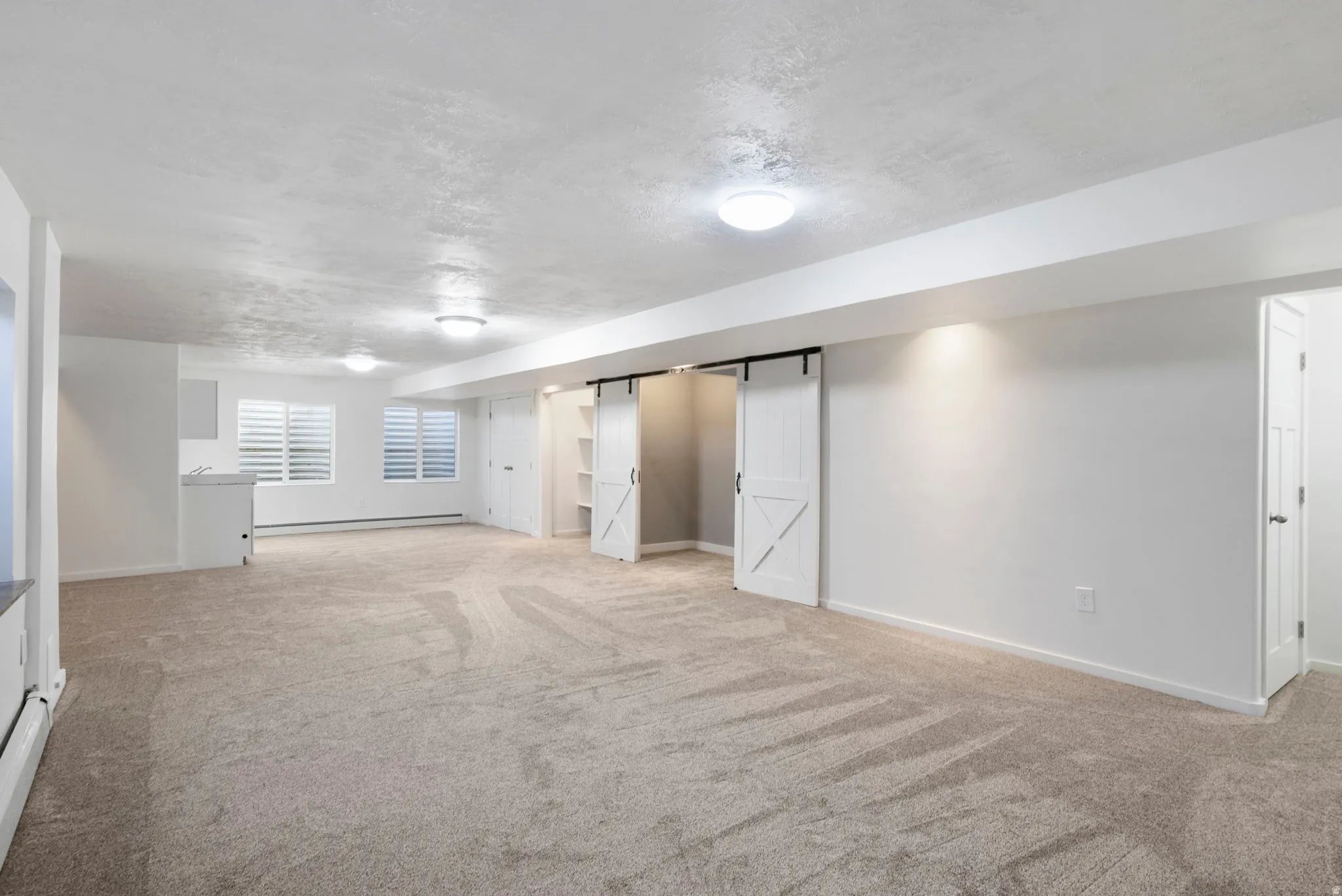 Basement featuring a barn door, light colored carpet, a textured ceiling, and baseboard heating
