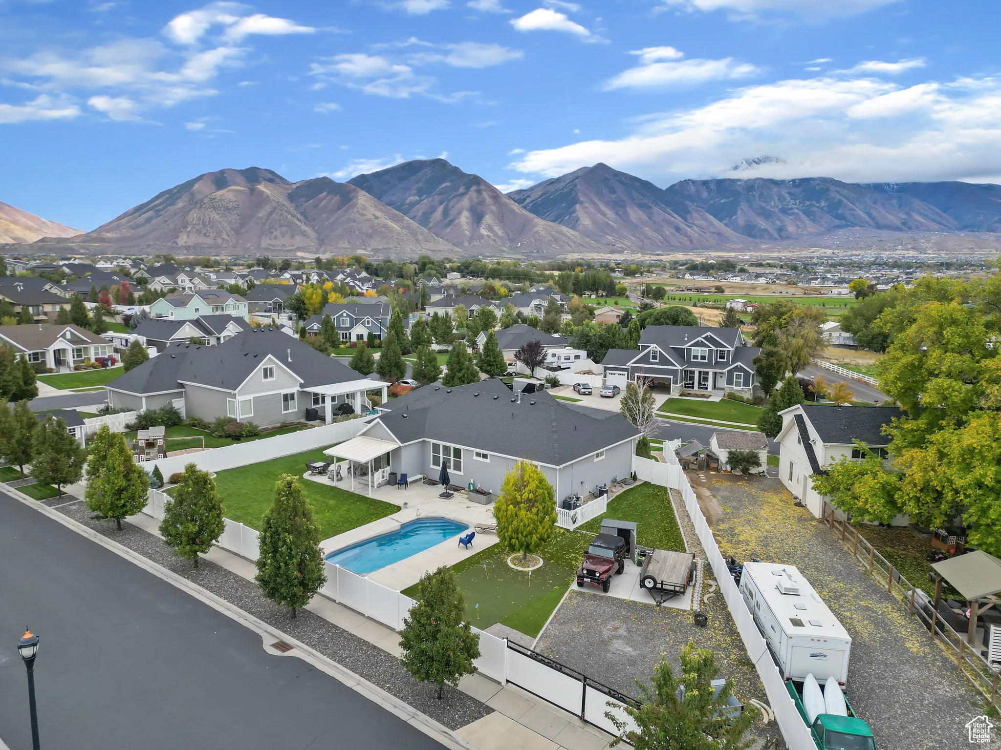 Aerial perspective of suburban area featuring mountains