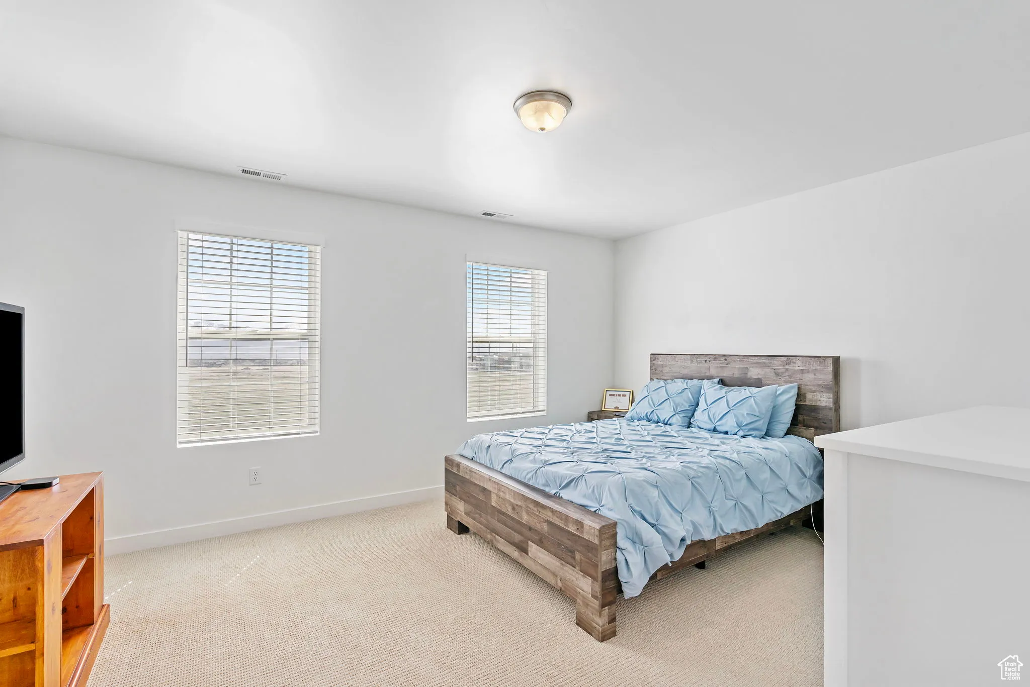 Bedroom with multiple windows and light carpet