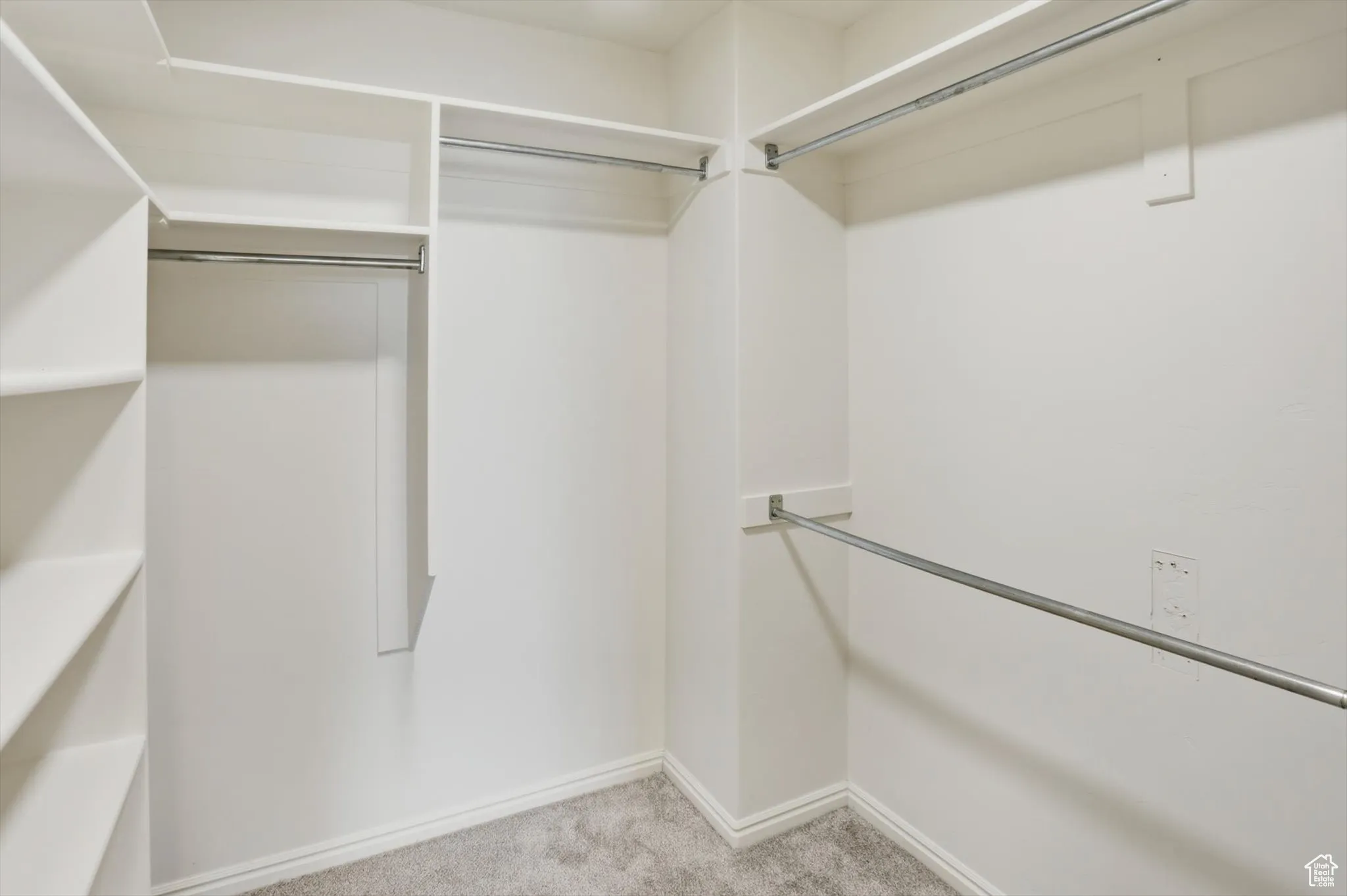 Walk in closet with light colored carpet