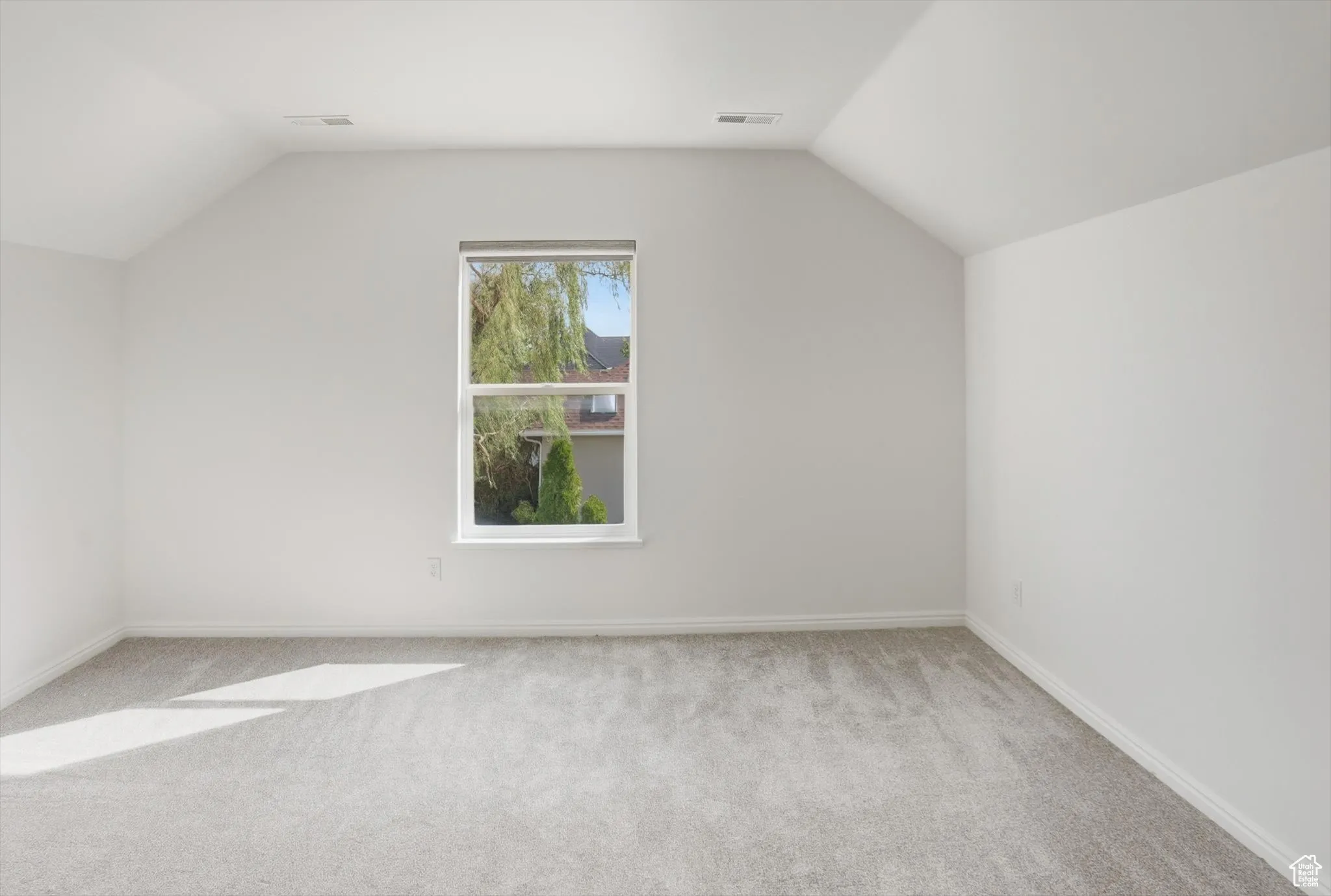 Additional living space featuring vaulted ceiling and light colored carpet