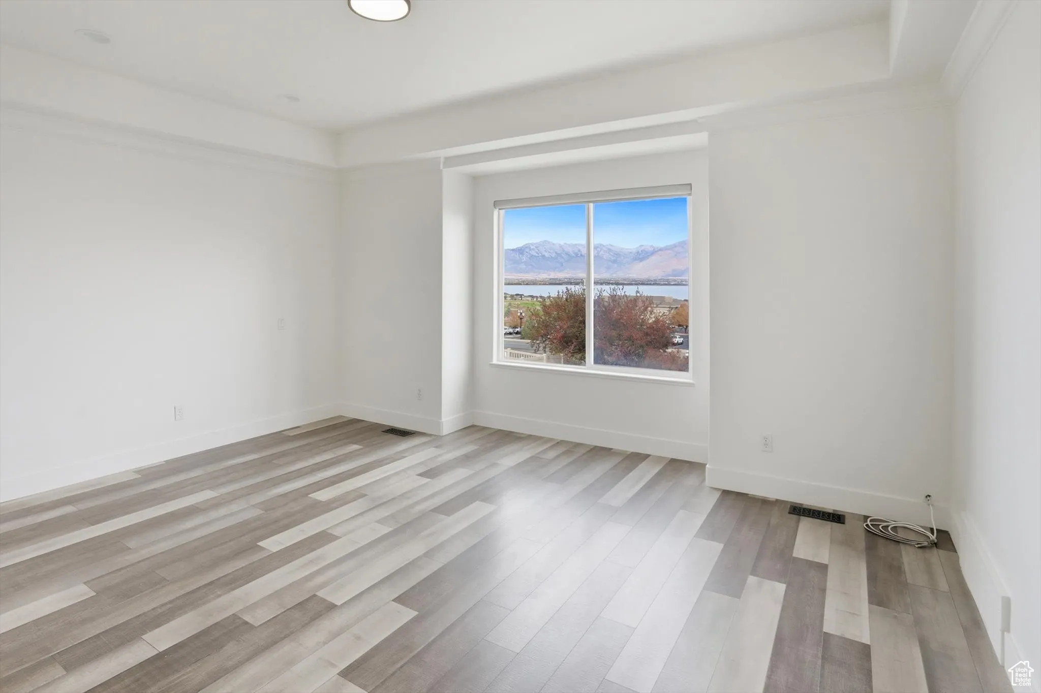 Unfurnished room featuring light wood-type flooring and a water and mountain view