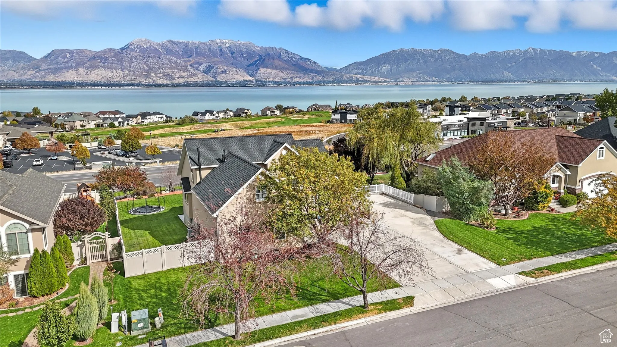 Aerial view of residential area with a water and mountain view