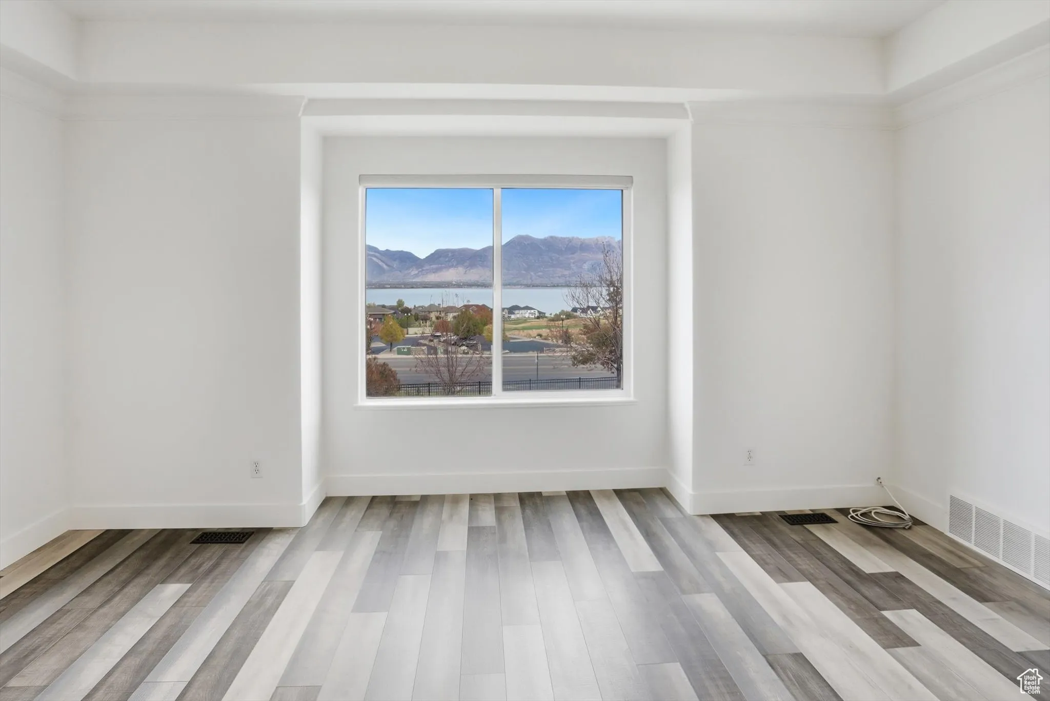 Unfurnished room with a water and mountain view and light wood-style floors