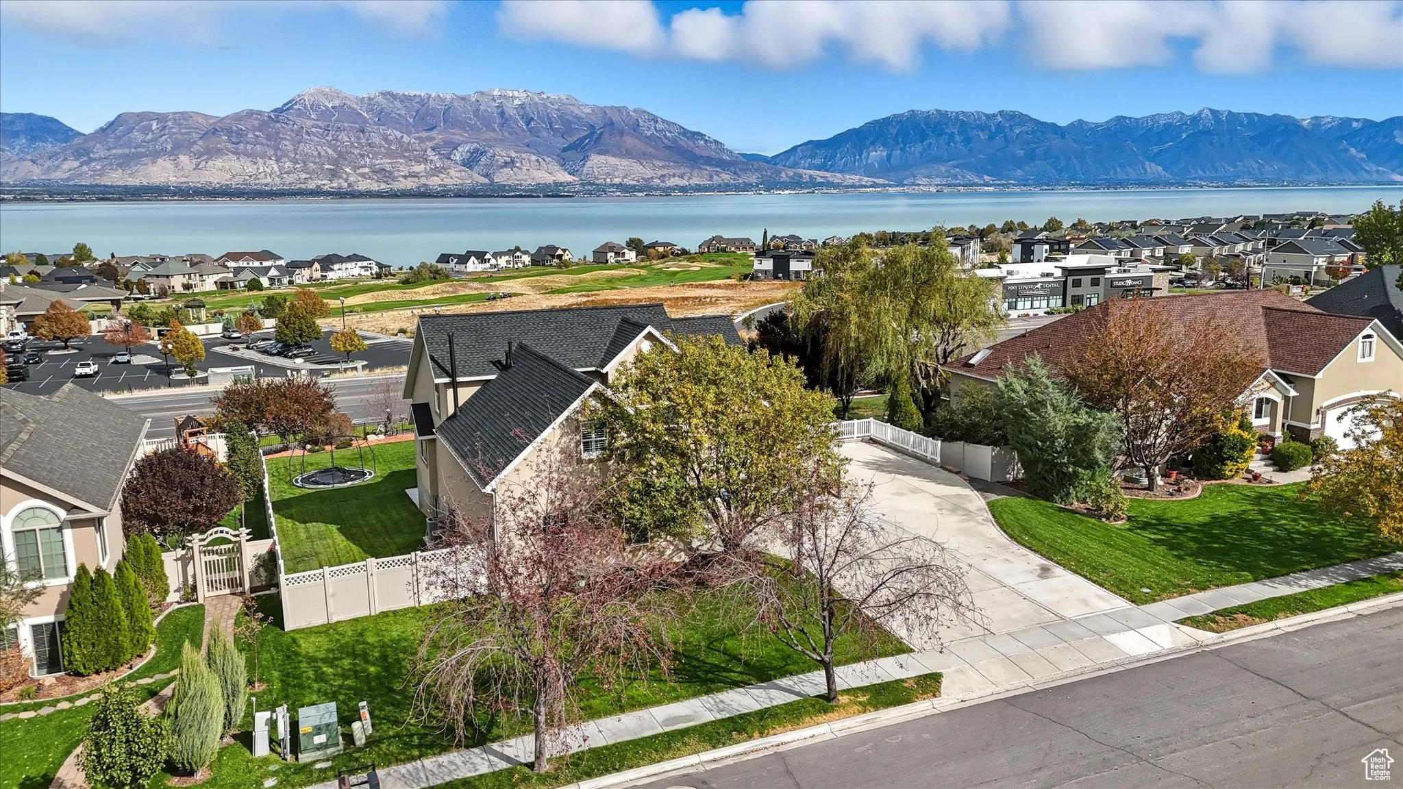 Aerial view of residential area with a water and mountain view