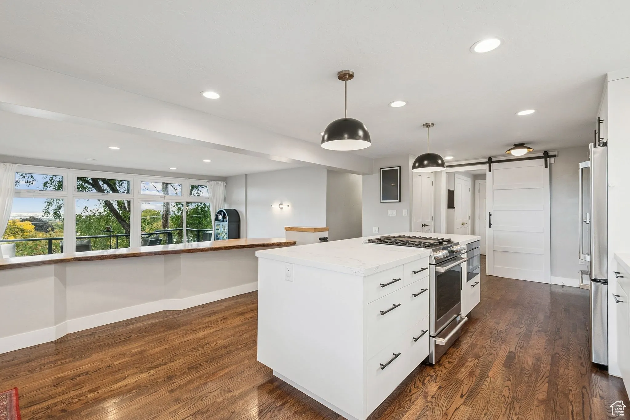 Kitchen with a barn door, stainless steel appliances, decorative light fixtures, recessed lighting, and white cabinetry
