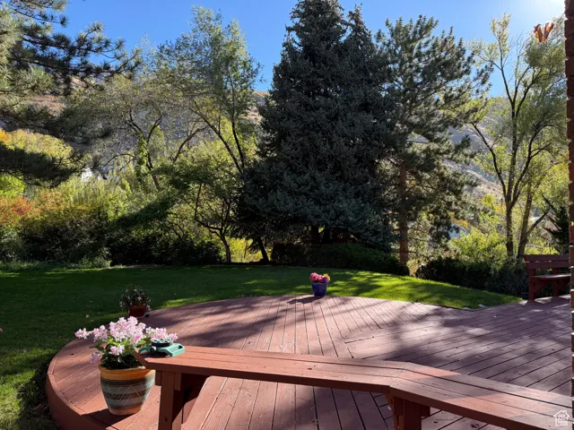 Beautiful secluded upper back yard, with spacious deck, built-in seating and tons of room to entertain!