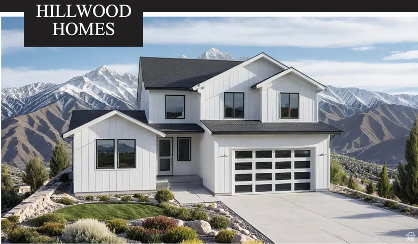 View of front facade featuring a mountain view, roof with shingles, a garage, and driveway