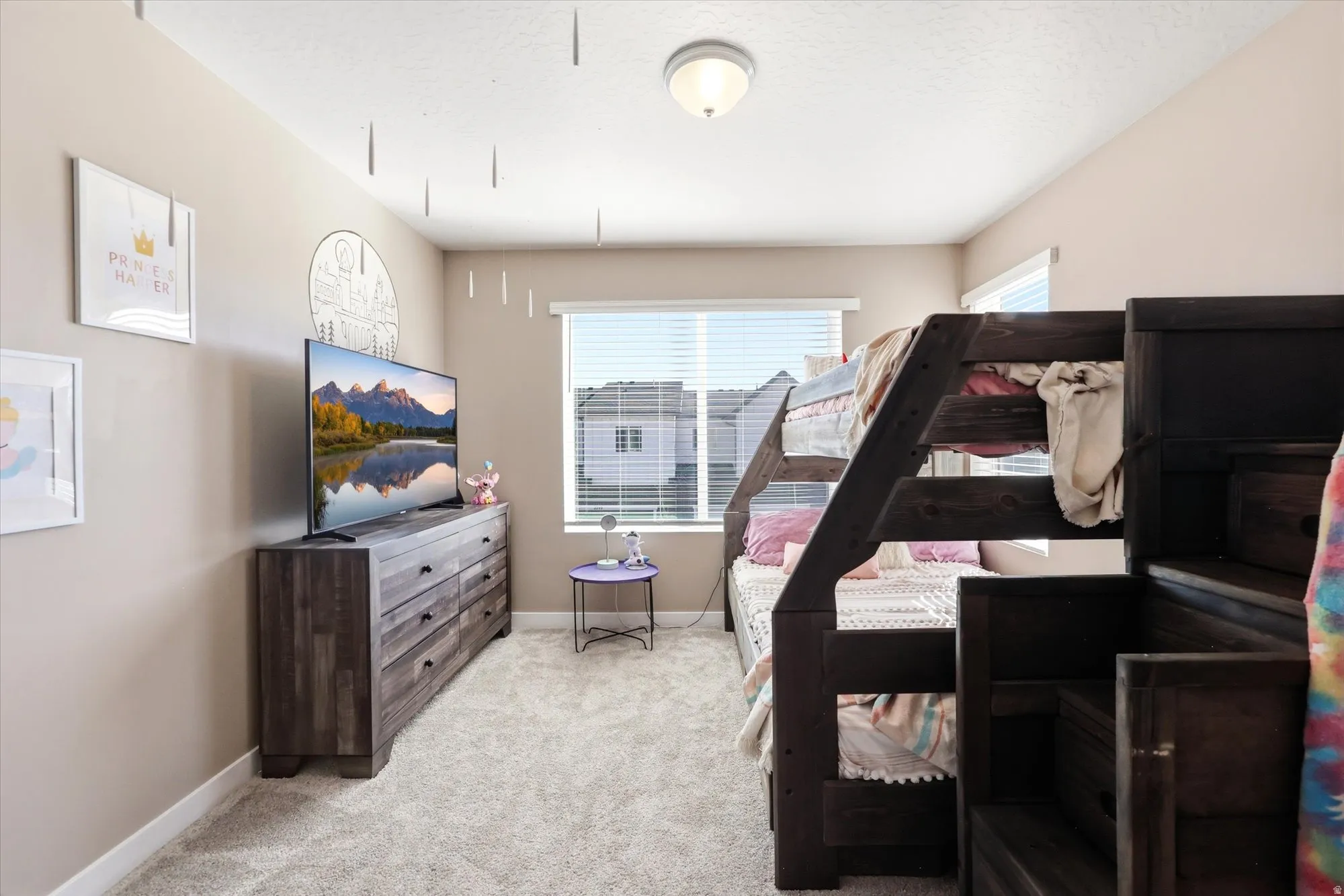 Carpeted room featuring a ceiling-mounted light fixture, neutral wall paint, and a window with horizontal blinds