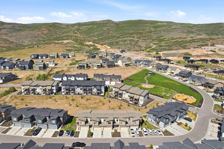 Aerial perspective showcasing a residential community with varied architectural styles