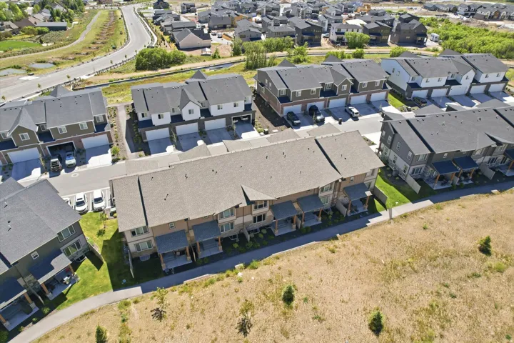 Aerial perspective showcasing a modern residential community with consistent architectural styling