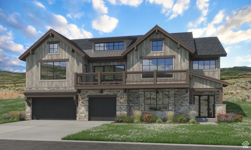 Modern inspired farmhouse featuring a standing seam roof, a metal roof, stone siding, a garage, and driveway