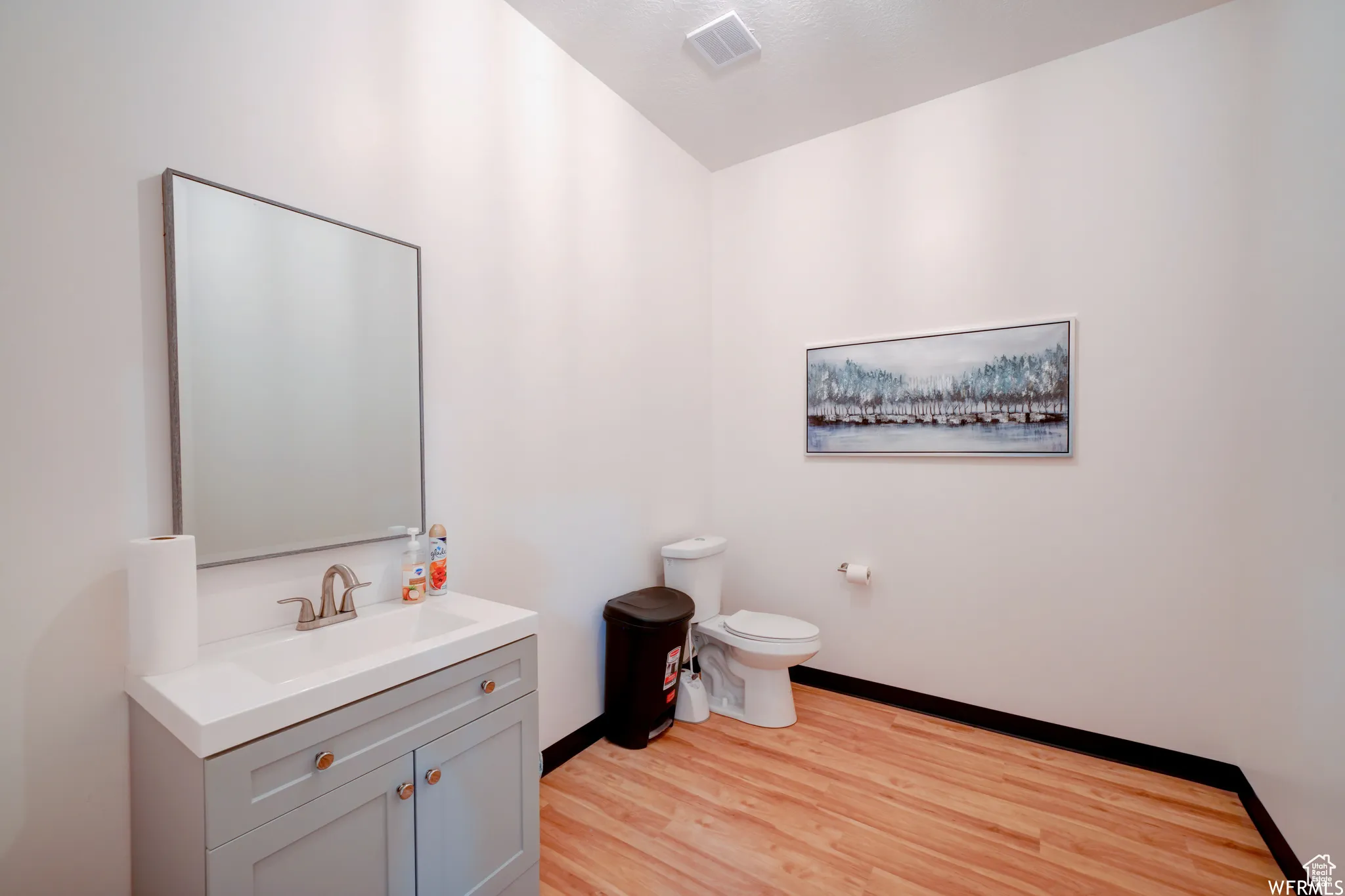 Bathroom featuring light wood-style flooring and vanity