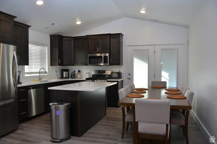 Kitchen featuring stainless steel appliances, dark brown cabinetry, a kitchen island, lofted ceiling, and dark wood-type flooring