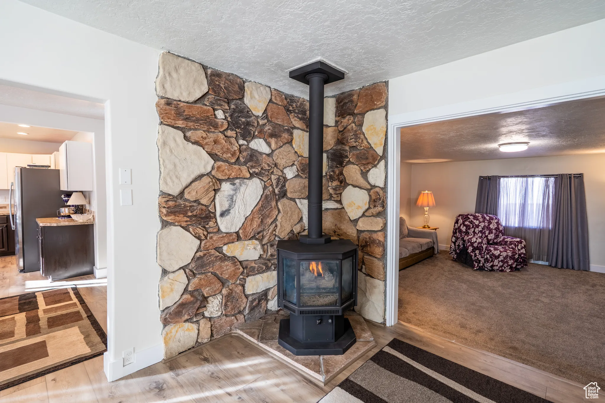 Detailed view of a wood stove, a textured ceiling, freestanding refrigerator, and carpet floors