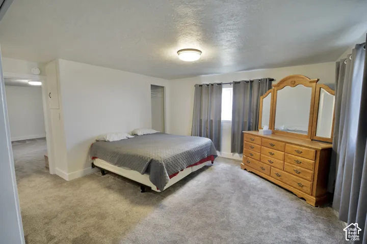 Wall-to-wall carpeting throughout, a window with drapery, and a flush-mount ceiling light fixture