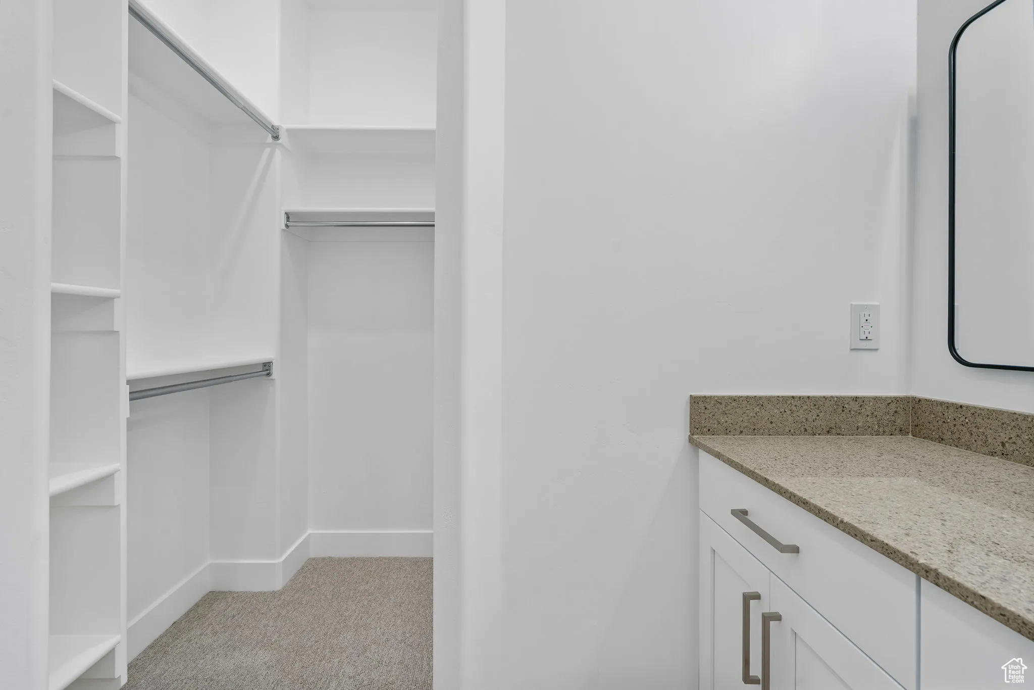 Walk in closet with light colored carpet