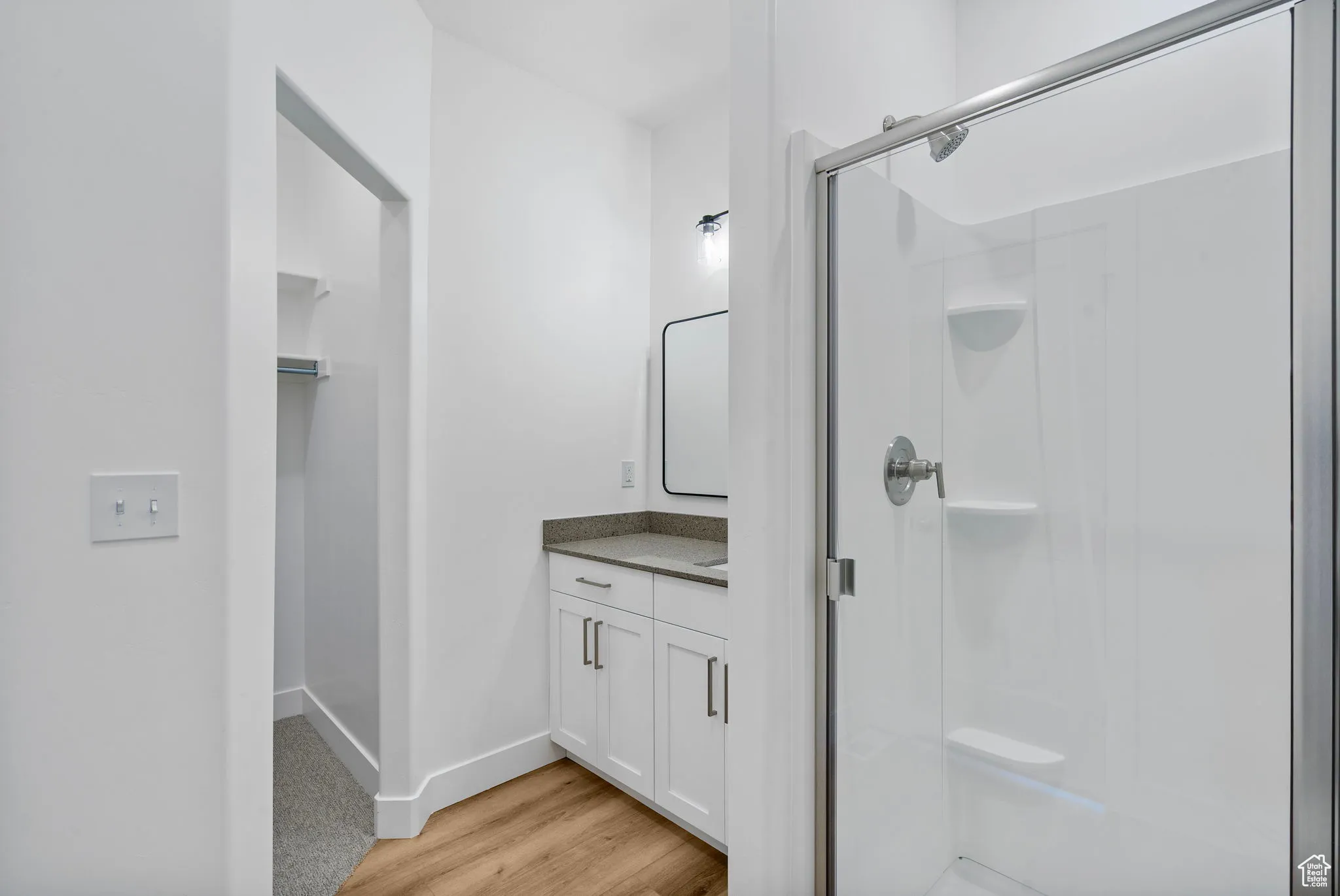 Bathroom featuring vanity, light wood-type flooring, a shower stall, and a walk in closet