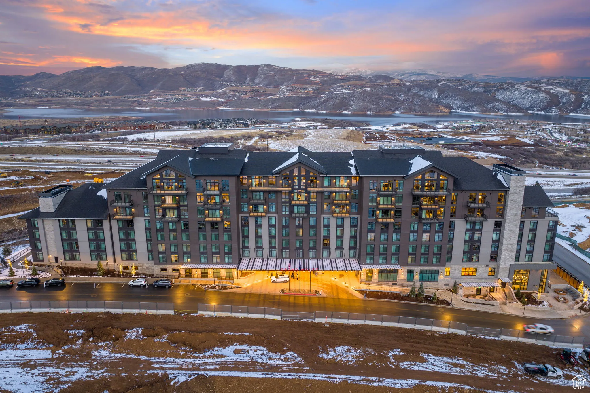Aerial view at dusk of a water and mountain view