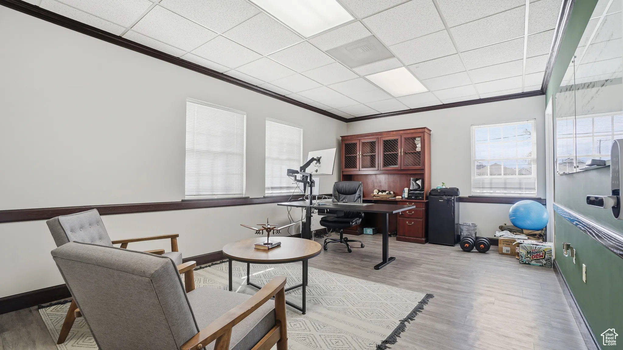 Office featuring a paneled ceiling and crown molding