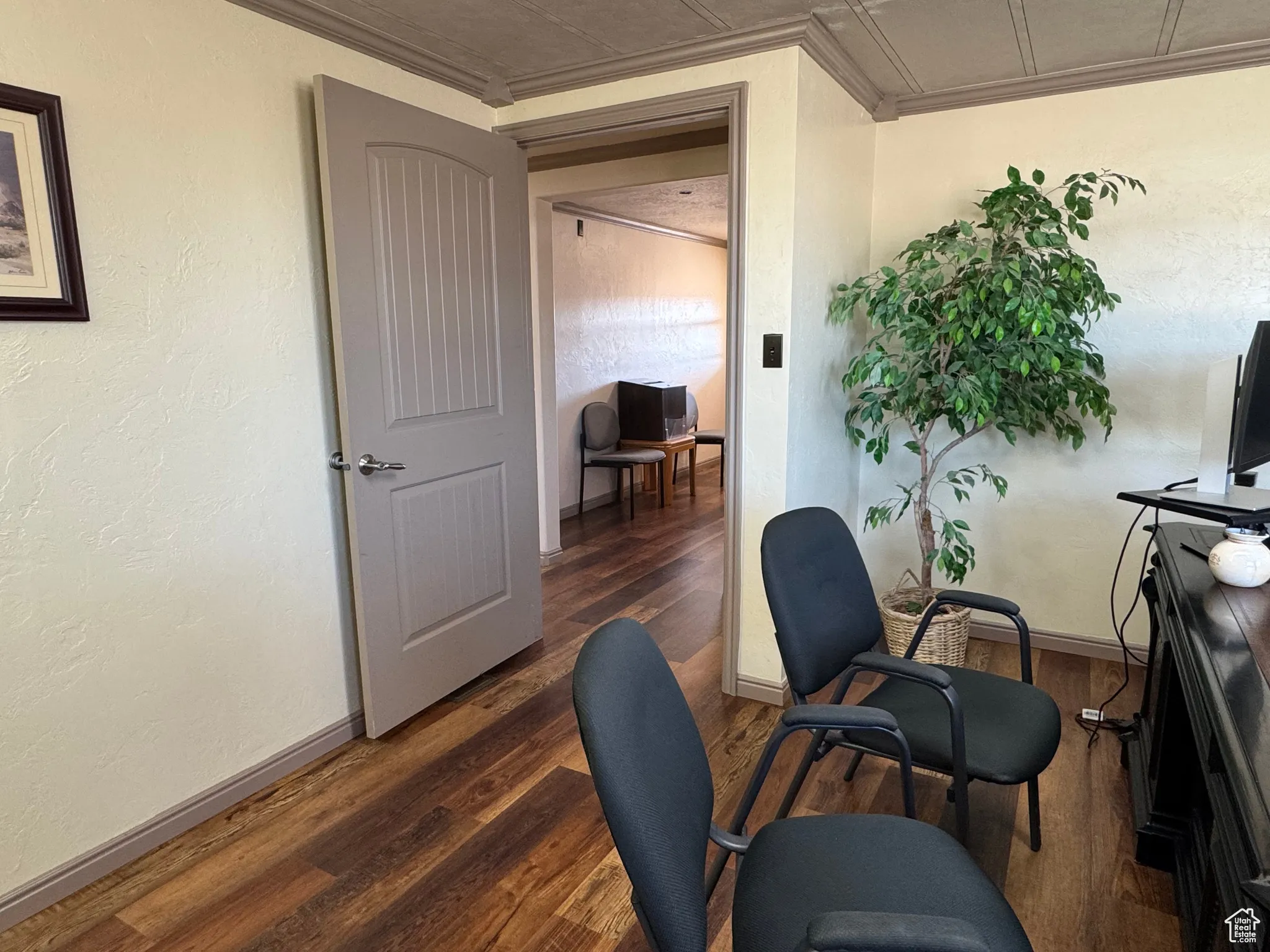 Office space with a textured wall, dark wood-style floors, and ornamental molding