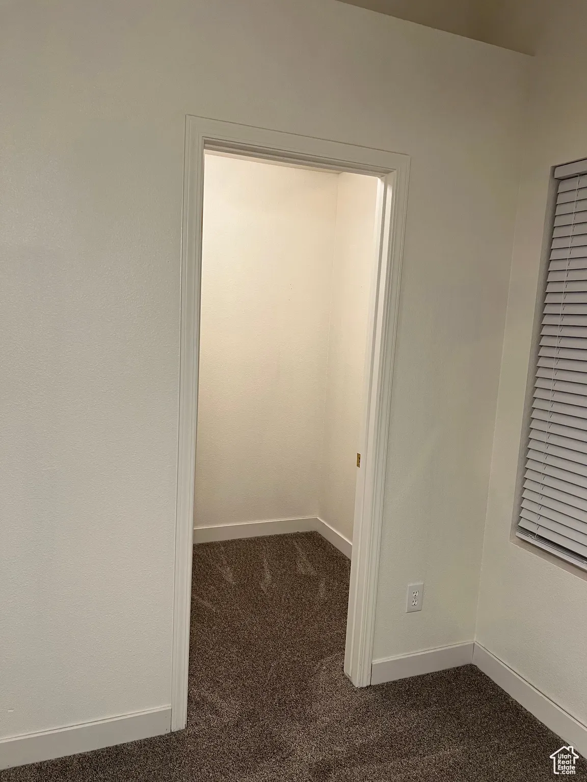 Walk in closet in Master bedroom with dark carpet and baseboards